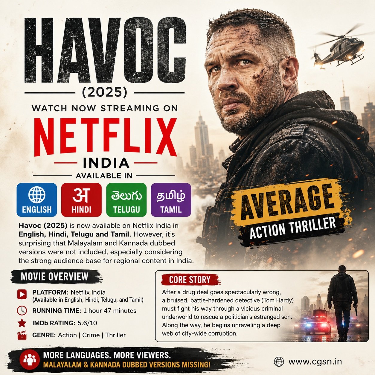 Havoc OTT India - Netflix - English, Hindi, Telugu and Tamil