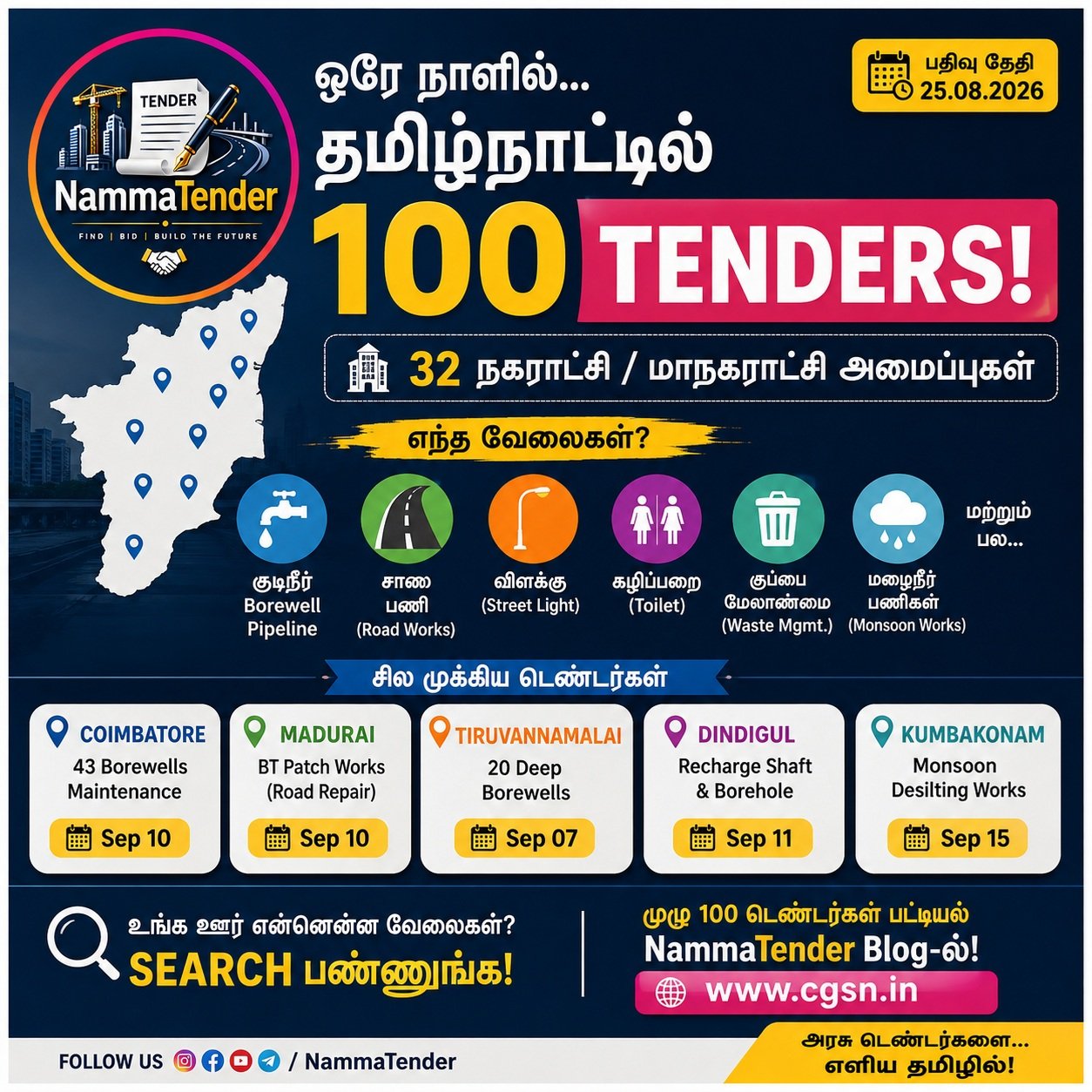 100 Tenders Published in Tamil Nadu on 25.08.2026 CGSN Tender