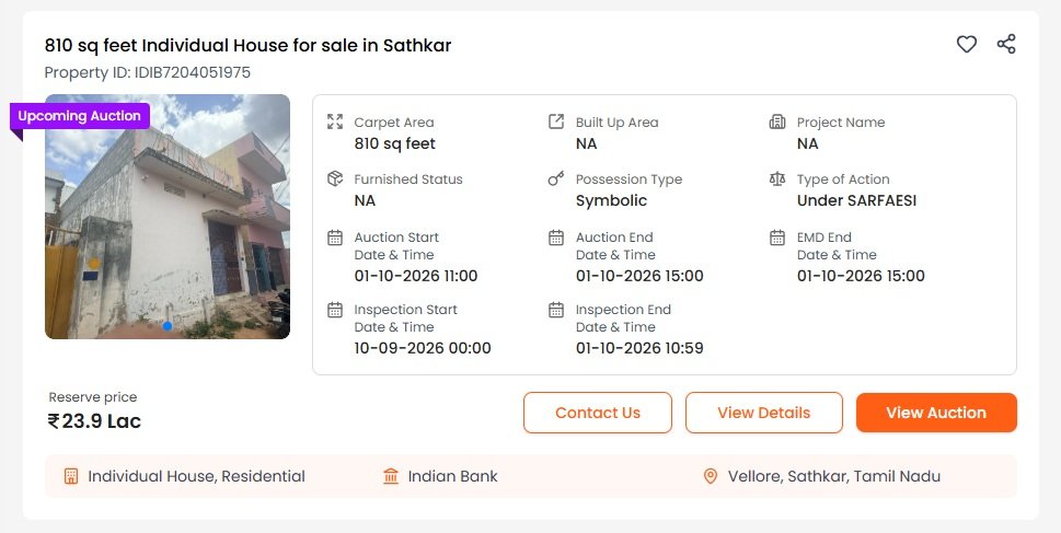 810 sq feet Individual House for Auction in Sathkar Vellore