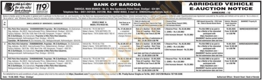 Bank of Baroda Auction 3 Tata Signa Trucks 43 Lakh!