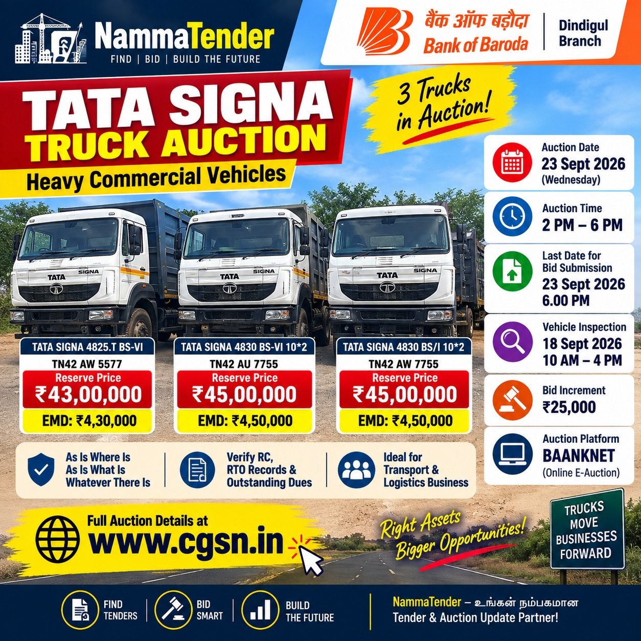 Bank of Baroda Auction 3 Tata Signa Trucks sep 2026