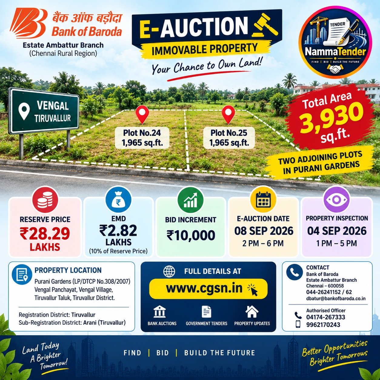 Bank of Baroda E-Auction 3,930 sq. ft. of land in Thiruvallur 2026