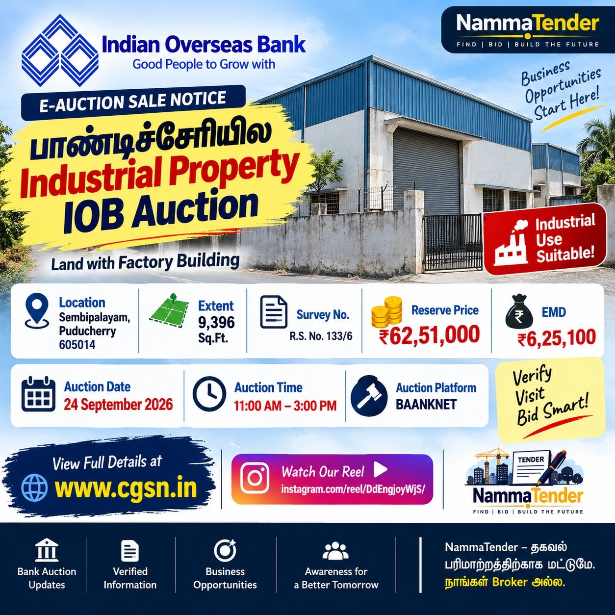 IOB Auction of Industrial Property in Pondicherry 62.51 Lakh
