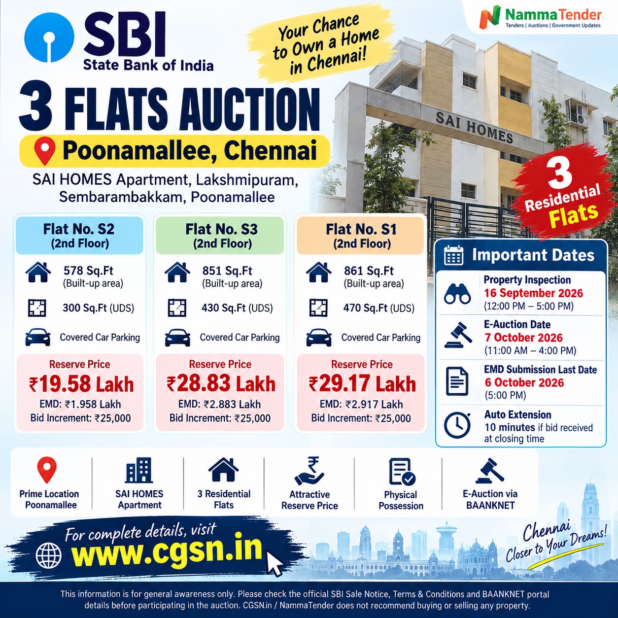 SBI Poonamallee 3 Flats Auction Oct 2026