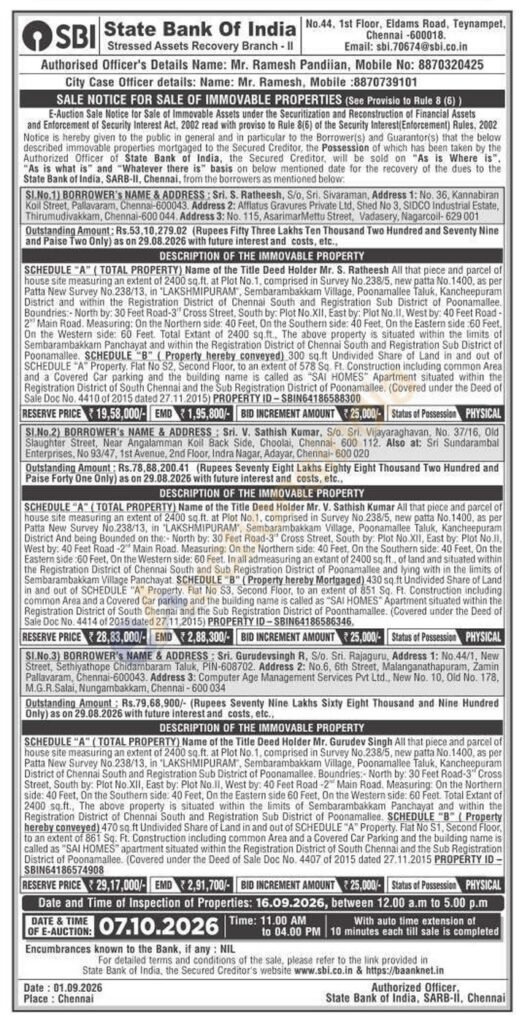sbi flats auction sep 2026 poonamallee chennai